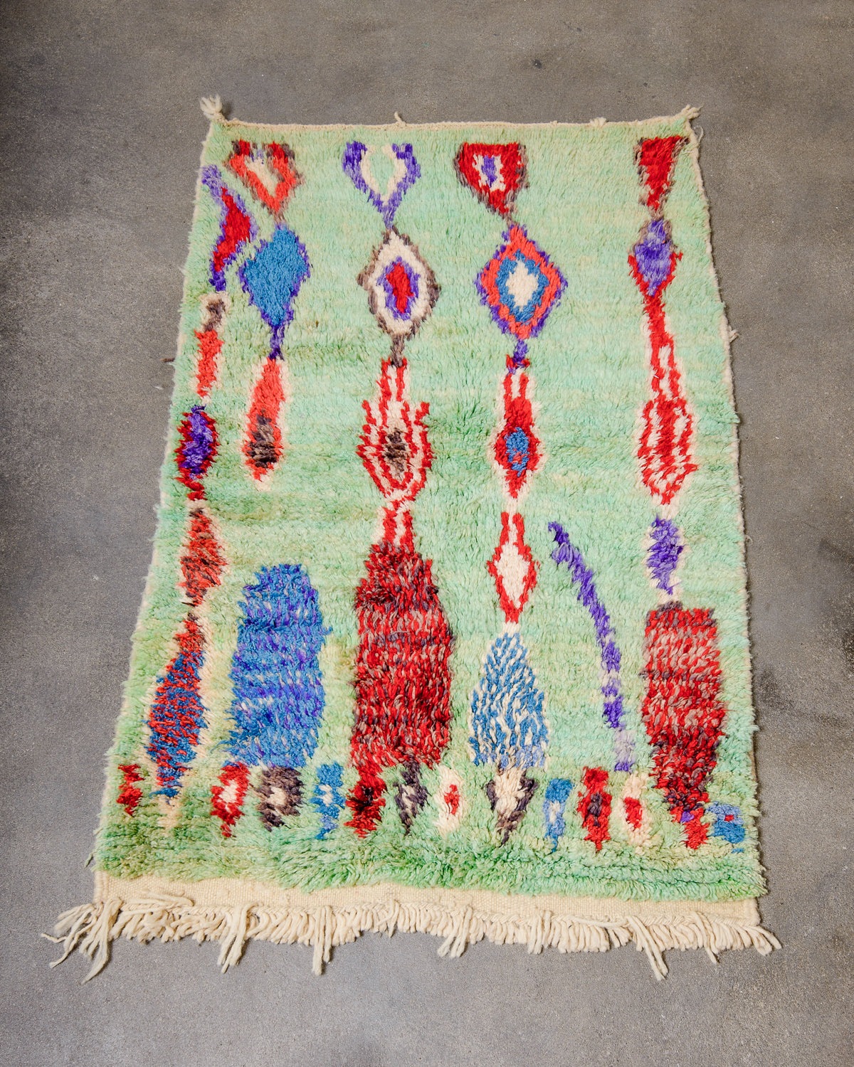 Modern, designer, handcrafted Berber rug from Morocco. Vintage carpet with beautiful colours and patterns and fluffy texture.